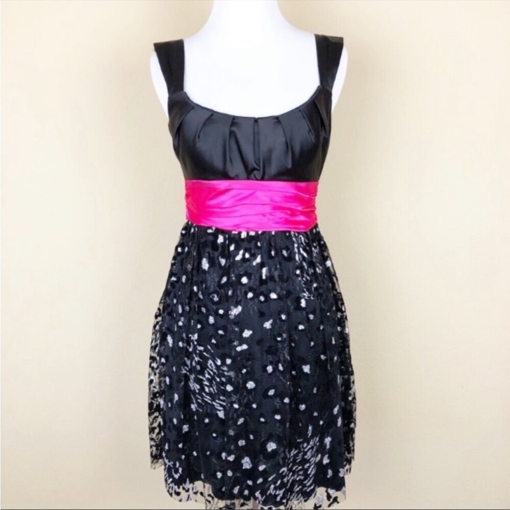 City Triangles Glitter Animal Print Black Dress w/Hot Pink Waist Sash - 5 Junior